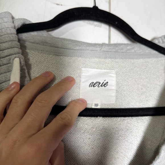 Aerie V-Neck Hoodie Gray Oversized Size XXS Super Soft Ribbed Off The Shoulder - Picture 7 of 10